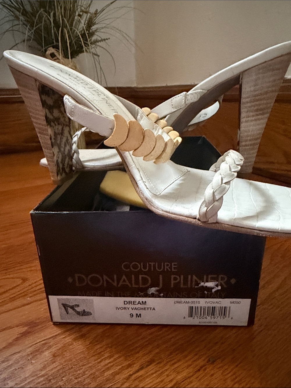 Donald J. Pliner Ivory Braided Strap Mule Sandals with Gold Accents